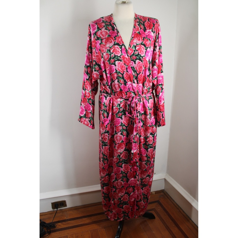Vtg Victoria's Secret S Pink Floral Silk Maxi Robe Long Sleeve Belt Wrap Pocket